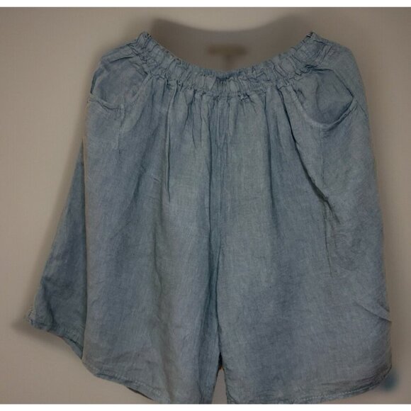 SAGA Linen Shorts Breathable Long Slash Pockets Wide Elastic Waist Vacation - Picture 2 of 4